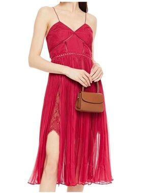 Self-Portrait Fuchsia Spaghetti-Strap Midi Dress with Lace Inset